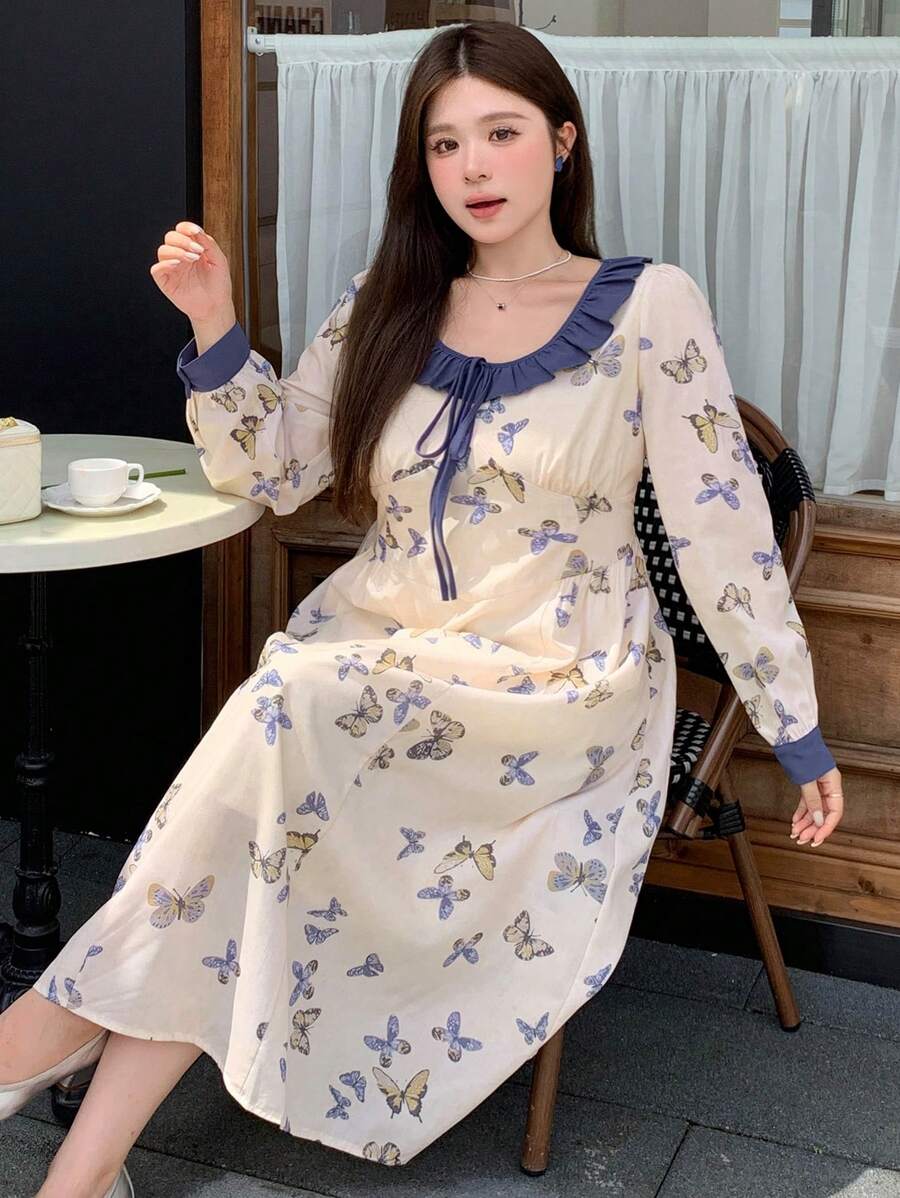 Dazy Petite Plus Plus Size Women's Round Neck Long Sleeve Lace Spliced Butterfly Allover Print Dress, Casual & Vacation,Ruffle,Fall Dress - Multicolor - View 1