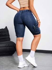 SHEIN ICON Women's Casual Summer Denim Shorts With Pocket Design - Dark Wash - View 2