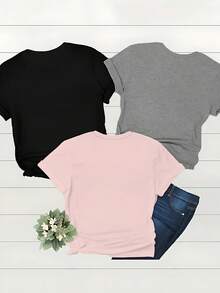 INAWLY Summer Tees Set Of 3, Solid Color Casual Round Neck Short Sleeve Women's T-Shirt, Basic Top - Multicolor - View 2
