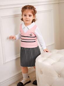 SHEIN Baby Girl Contrast Color Collegiate Style Sweatshirt With Striped Letter Print & Turndown Collar, Half Placket + Pleated Skirt, Suitable For Outgoing, Leisure, Party Wear, Autumn - Pink - View 4