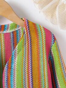 SHEIN Girls' Beach Vacation Sunscreen Colorful Striped Long Sleeve Knitted Thin Open Front Long Cardigan, Suitable For Spring, Summer, Autumn, Beach Vacation And Sun Protection - Multicolor - View 6