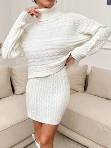 EURMUSE Turtle Neck Cable Knit Batwing Sweater & Mini Cable Knit Sweater Skirt 2 Pieces Skirt - White - View 3