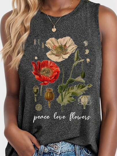 Lotus Flower Chinese Style Sleeveless Round Neck Tank Top, Summer New Holiday Casual Top