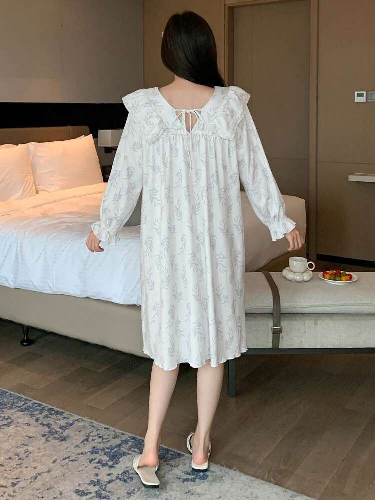 Leaf Printed Flutter V-Neck Sleep Dress Pajama