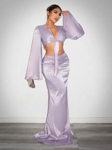 SHEIN SXY Ensemble Robe Invitée de Mariage Femme Chemise à Manches Longues en Satin Nouée et Jupe Longue Élégante