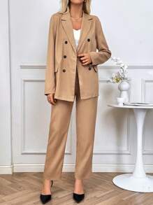 Chiquease Conjunto de traje de chaqueta con solapa plana, botones frontales, falsos bolsillos y pantalones de vestir de manga larga