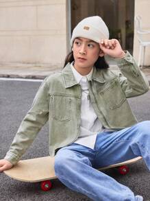 SHEIN Solid Color Denim Casual Washed Jacket With Pockets For Tween Boys - Green - View 2