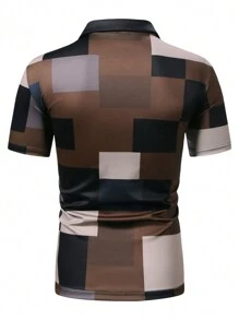 Manfinity Mode 男士休闲假日棕色几何印花 Polo 衫，领口纽扣夏季 Polo 衫，适合丈夫，适合外出 - 彩色 - 查看 2