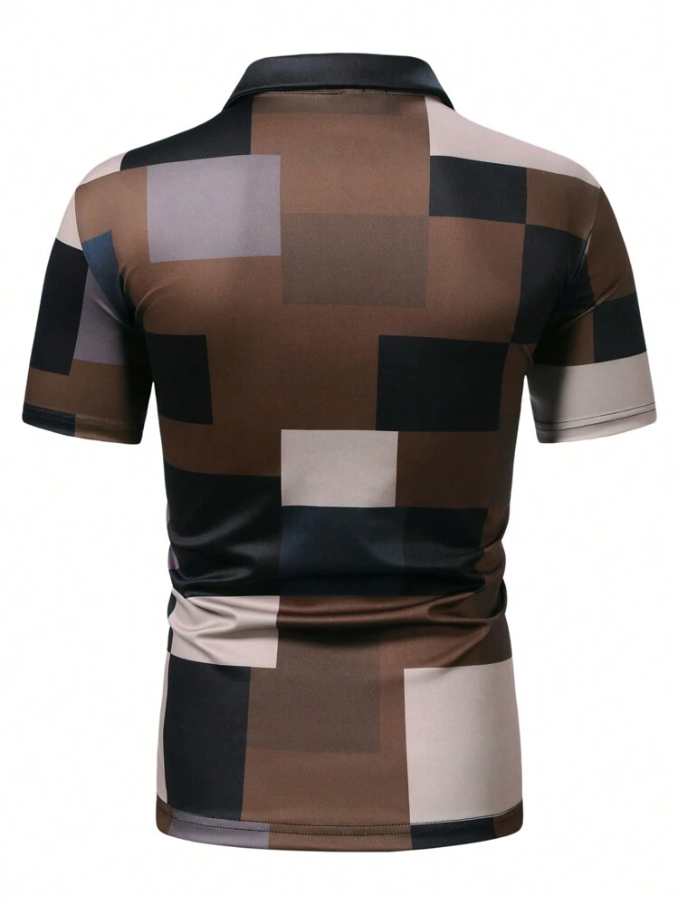 Manfinity Mode 男士休閒短袖 Polo 衫，幾何印花拼接設計，商務通勤風，黑米色，夏季，度假，時尚棕色上衣，儀式 - 彩色 - 查看 2