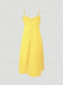 Women's Yellow & White Splicing Spaghetti Strap Sleeveless Summer Dress With Side Slit