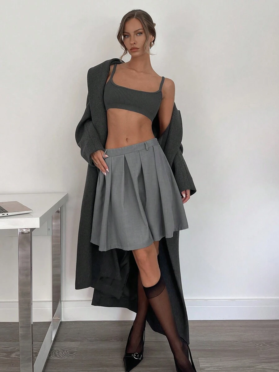 Siren Gaze New Spring & Autumn Gray Plaid Workplace Commute Grey Skirt, Mid-Length With Pleats Design, For Women In The Office Winter Casual - Grey - View 1