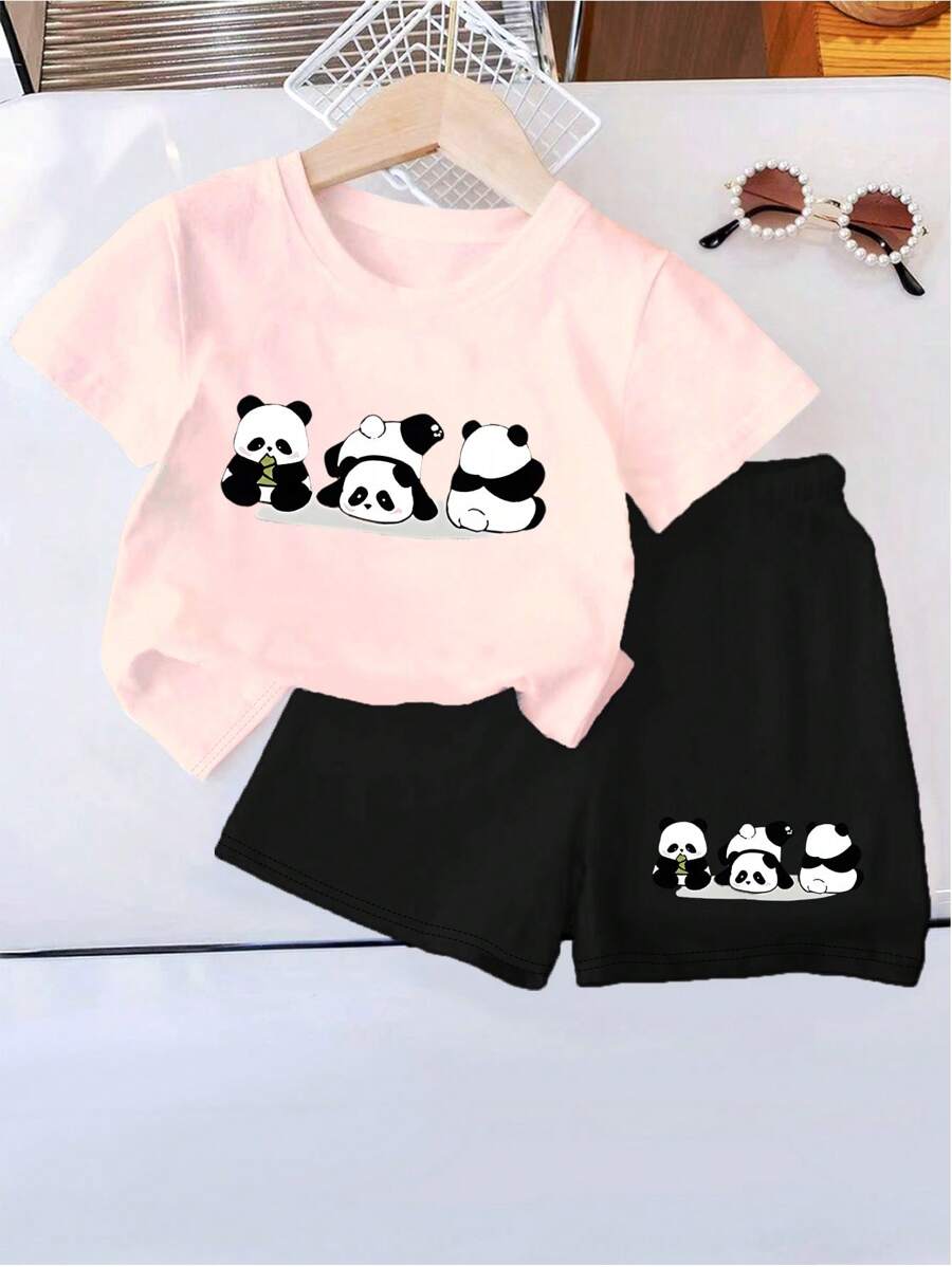 SHEIN Playful Pals 2pcs Baby Girls' Cute Cartoon Panda Printed Casual Comfortable Round Neck Short Sleeve Top And Shorts Set, Summer Outfits - Pink - View 1