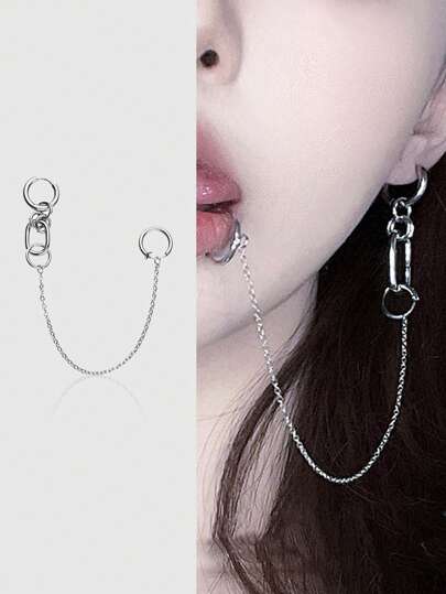 Grunge Punk 1pc Cool & Stylish Personalized Clip-On Earring And Lip Ring Combo For Women, No Piercing Required
