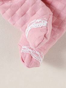 Baby Girl Pink Solid Color Long Sleeve Cardigan With Lace Trim, Bow, Textured Fabric And Coordinated Bib & Hand Mittens, Loungewear Set