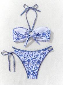 Swim Mod Women's Flower Printed Halter Neck Bikini Set With Circular Link, Summer Beachwear