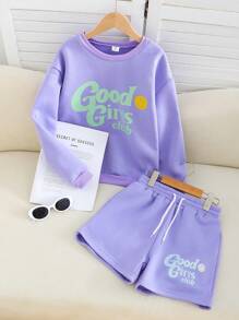 Tween Girls' Simple Printed Long Sleeve Shorts Set, 2pcs - Purple - View 3