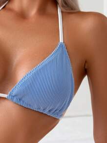 SHEIN Swim 女士简约三角形比基尼套装，颈部悬挂设计文胸和系带泳装三角裤夏季 - 藍色 - 查看 3
