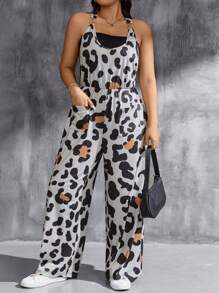 SHEIN Essnce Plus Size Women's Leopard Print Jumpsuit - Multicolor - View 4