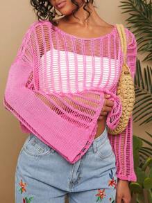 Travachic Solid Color Hollow Out Boat Neck Women's Long Sleeve Fall Women Sweaters For Vacation - Hot Pink - View 5