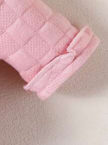 Baby Girl Pink Solid Color Long Sleeve Cardigan With Lace Trim, Bow, Textured Fabric And Coordinated Bib & Hand Mittens, Loungewear Set
