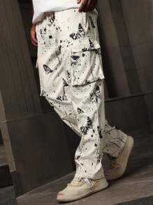 Manfinity LEGND 男士时尚街头蝴蝶泼墨艺术纹理黑白拼色宽松印花工装长款工装裤，外出长款直筒宽松休闲裤，适合老公、男朋友的礼物 - 白色 - 查看 4