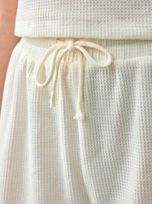 SHEIN Teen Girl Knitted Solid Color Tag Woven Vest With Pocket And Drawstring Shorts Casual Two Pieces Set