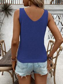 Chiquease Solid Color V-Neck Casual Sleeveless Tank Top, Summer Basic Style - Blue - View 2