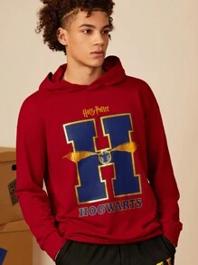 HARRY POTTER X SHEIN Men's Hogwarts Burgundy Print Casual Hooded Sweatshirt - Burgundy - View 3