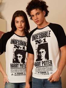 HARRY POTTER X SHEIN Unisex 1pc Casual Colorblock Raglan Sleeve T-Shirt With Black And White Poster Print, Summer - Black and White - View 1