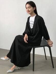 FRIFUL Đầm dài tay lửng dáng rộng màu trơn dành cho nữ, đầm chống nắng thường ngày. - màu đen - Xem 2