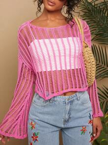 Travachic Solid Color Hollow Out Boat Neck Women's Long Sleeve Fall Women Sweaters For Vacation - Hot Pink - View 6