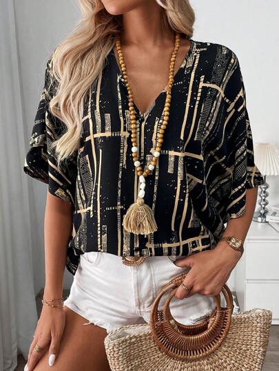 Breezaya 女款V領印花夏季寬袖蝙蝠衫，適合度假穿著