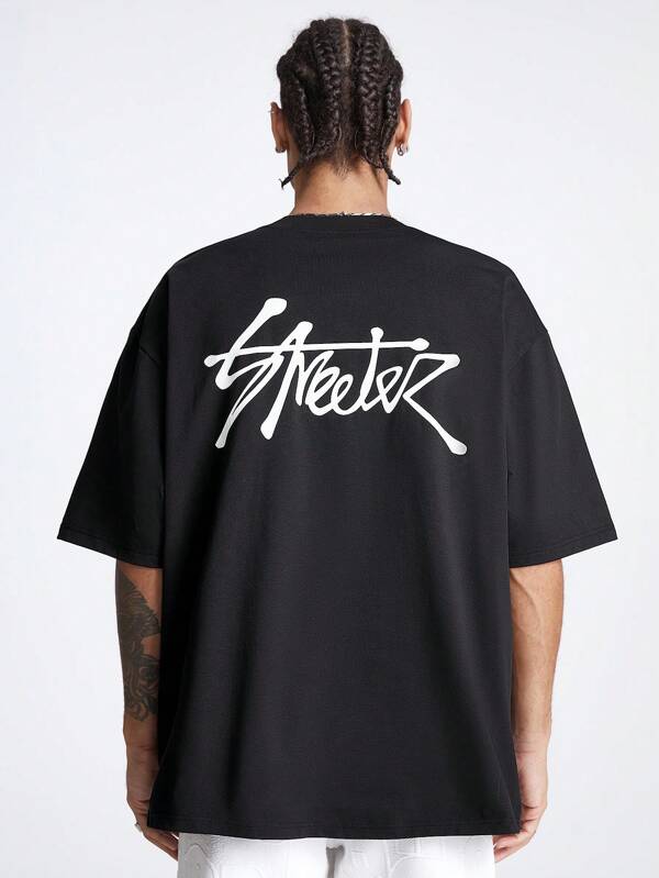 AXEPEAK Men Loose Fit Round Neck Short Sleeve T-Shirt With English Letter Print, Suitable For Summer, Streetwear Ready