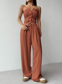 SHEIN EZwear Quần dài và áo quây hàng ngày màu trơn phong cách đơn giản cho nữ 2 cái/bộ - Rỉ Nâu - Xem 6