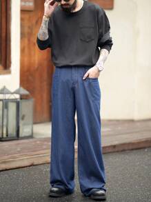 Manfinity Homme Men's Vintage American Casual Dark Blue Indigo Loose Wide Leg Denim Jeans