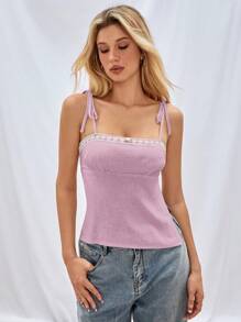SHEIN EZwear Linen Sweetheart Tie Back Camisole Top - Purple - View 4