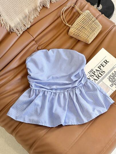 Elamini 女士夏季假日休閒細條紋褶皺無肩帶上衣