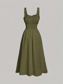 SHEIN MOD Đầm vest đơn giản màu xanh quân đội dành cho nữ, xếp ly và nơ buộc dây, phong cách phương Tây, cổ điển - xanh quân đội - Xem 2