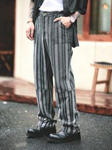 Manfinity Homme American Style Vintage Men's Black Pinstripe Denim Workwear Straight Jeans
