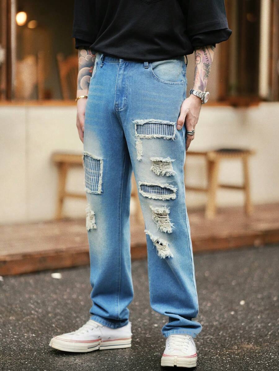 Manfinity Roghcode Men's Vintage American Style Casual Mid-Blue Washed Denim Patchwork Distressed Loose Straight-Leg Jeans - Medium Wash - View 1