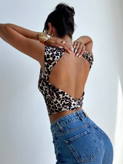 Firerie Leopard Print Short-Sleeved Backless T-Shirt Sexy Top Figure Flattering Alluring Comfortable Soft Breathable  Carnival Beach Going Out Holiday Outfits Y2k Casual