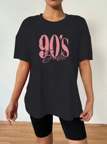 Zolique 宽松女式落肩 T 恤，简约落肩款式，时尚夏季上衣，字母印花圆领图案 T 恤女式上衣 - 灰色 - 查看 3