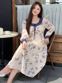 Dazy Petite Plus Plus Size Women's Round Neck Long Sleeve Lace Spliced Butterfly Allover Print Dress, Casual & Vacation,Ruffle,Fall Dress - Multicolor - View 3