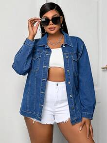 SHEIN SXY Plus Size Women's Solid Color Simple Casual Denim Jacket - Dark Wash - View 6