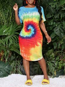 Slaydiva Vestido de mujer para vacaciones informales de verano con cuello redondo, mangas tres cuartos, hombros caídos, bolsillos sueltos, diseño de impresión circular con manchas de arco iris y dobladillo curvo -M - Multicolor - Ver 1