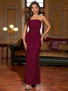 PARTHEA Sequin Pleated Mesh Dress, Party Gown, Wedding Guest, Cocktail Dress - Burgundy - View 6