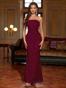 PARTHEA Sequin Pleated Mesh Dress, Party Gown, Wedding Guest, Cocktail Dress - Burgundy - View 7