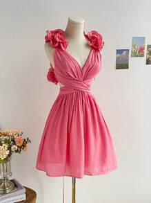 Soleia WYWH Holiday Ladies Summer Romantic Pastoral Pink Exaggerated Ruched Collar V-Neck Chest Cup Pleated Exposed Back Cross Straps Cross Waist Elastic Waist A-Line Short Dress Romantic Wedding Season - Pink - View 3