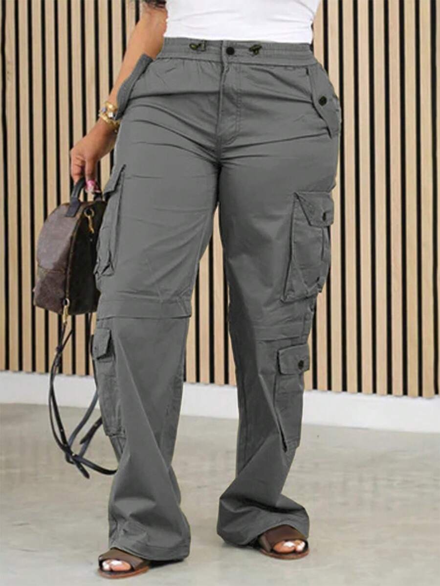 Women Button Decorated Straight Casual Pocket Cargo Pants - Grey - View 1