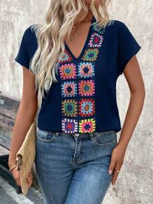 EMERY ROSE 女士V領花繡蝙蝠袖夏季襯衫 - 寶藍色 - 查看 6